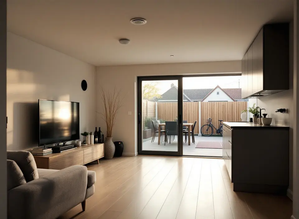 Een open woonkamer met keuken in een nieuwbouwwoning, met een rond ventiel in het plafond en een schuifpui naar de tuin