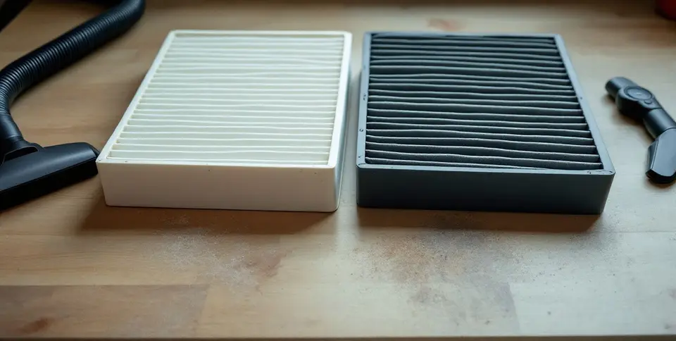 Twee luchtfilters naast elkaar op een werkbank: één schoon en wit, één grijs van het stof, met een stofzuigermond ernaast