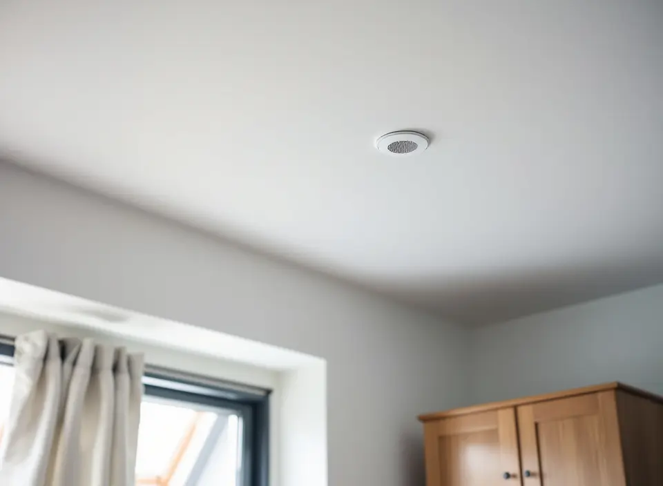Een klein rond toevoerventiel in het witte plafond van een slaapkamer, met een raam en linnen gordijnen in de hoek